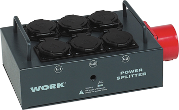 WORK 3 PHASES POWER SPLITTER WITH INPUT THROUGH CEE 3 X 16A (1P + N + E) AND 6 OUTPUT SCHUKOS WITH PHASE INDICATOR.