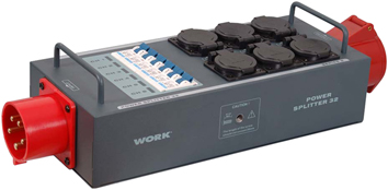 WORK 32 A TRI-PHASE POWER SPLITTER ,LINKED CEE (32A 5PIN) I/O CONNECTORS AND 6 SCHUKO OUTPUTS WITH SAFETY LI