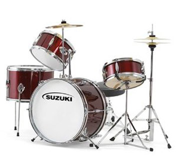 SUZUKI 5PCS DRUM SET W/CYMBALS & THRONE, COLOUR:WINE RED